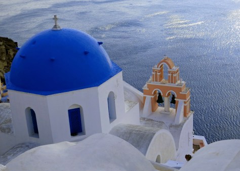This is another perspective on the Santorini church shown above featuring its salmon colored bell tower.