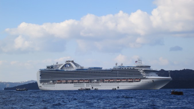 Our ship, the Crown Princess, anchored in the caldera located off Santorini.