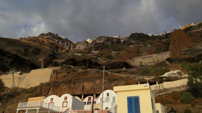 Looking up toward Fira our options were to take the tram or follow the zigzag trail.