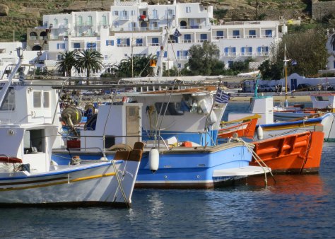 Idle fishing boats in the Mykonos harbor.