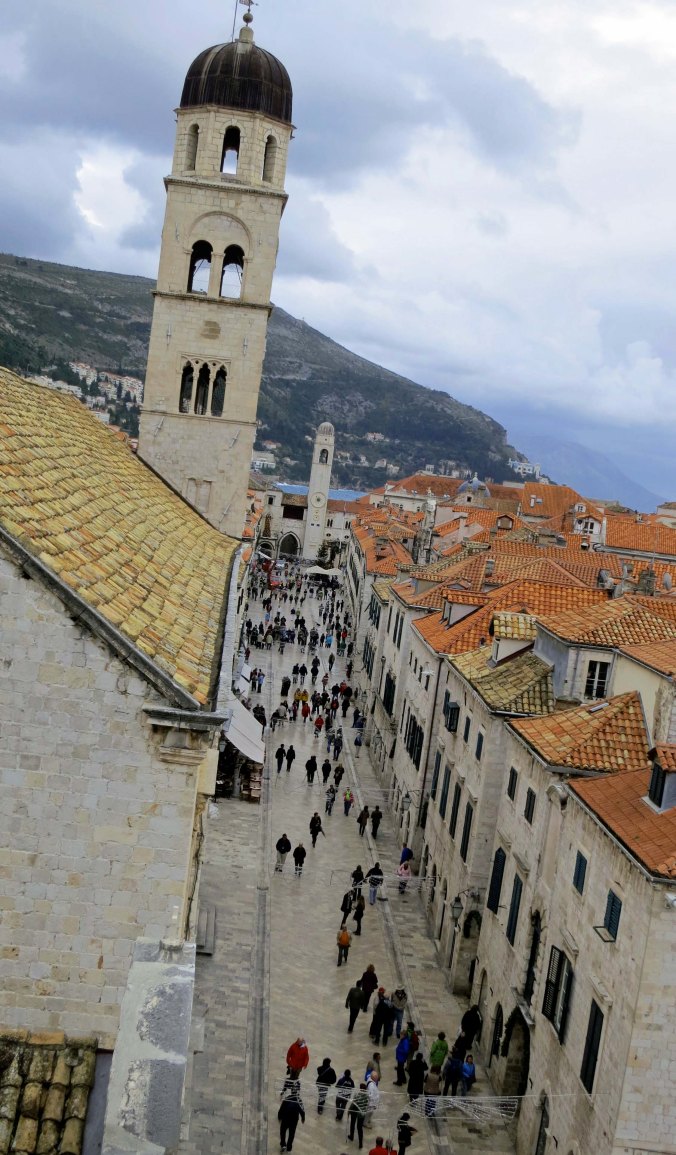 A view down the Stradun, Dubrovnik's main street. The Franciscan Monastery is on the left.