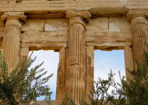 A close up of the Elechtheion, windows, and an olive tree representing Athena's gift to Athens.