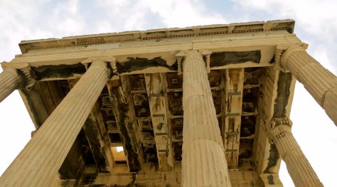 This is a shot looking upward at the end of the Erechtheon opposite the Porch of the Caryatids.
