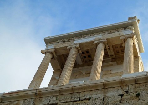Looking upward at the Temple of Nike on the Acropolis.