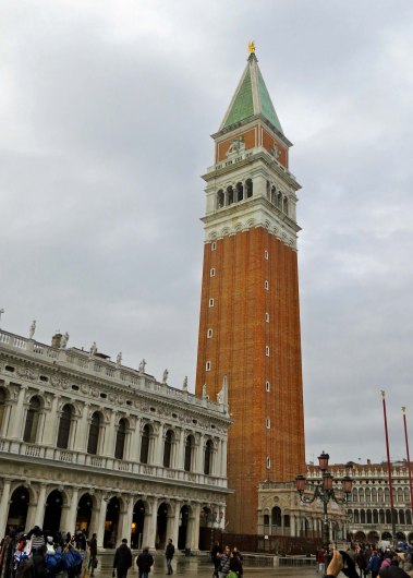 The Campanile is a prominent St. Mark's Square and Venice landmark. In 1902 it came tumbling down and had to be replaced.