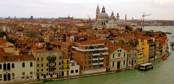 This photo looks back toward the Campanile. The opening on the right is the beginning of the Grand Canal. The church is La Salute, which was built as an offering of thanks at the end of the plague of 1630 when one third of the City's population died.
