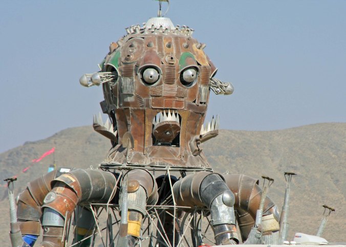 El Popo Mechanico, a major example of steampunk, rests up for another fiery night at Burning Man.