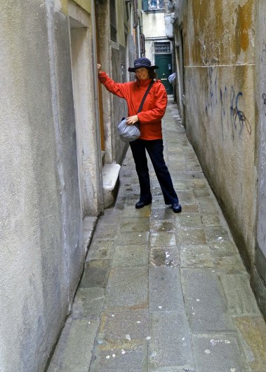 Peggy Mekemson knocks on a door in the back streets of Venice.