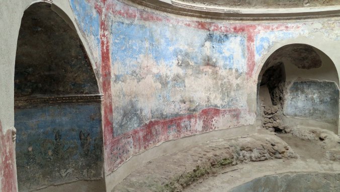 Every Roman city had public baths for men and women. The baths at Pompeii are among the best preserved. Each bath came with heated floors and hot, warm and cold water. They were also extensive decorated. This bath had murals on the walls.