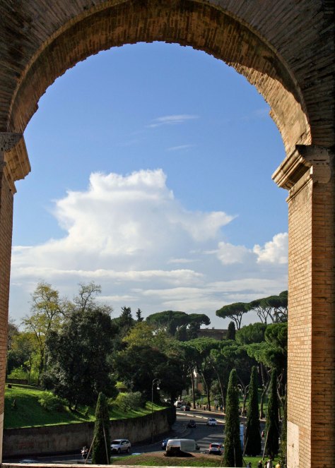 A window view out of Rome's Colosseum.