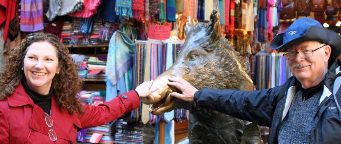 Kathi Saage and I rub the nose of Il Porcillino in hopes of returning to Florence.