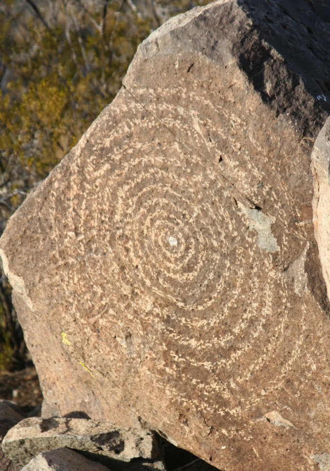 Large spiral circle at Three Rivers Petroglyph site in New Mexico.