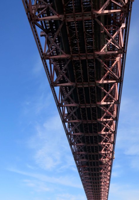 A view of the April 25 Bridge in Lisbon from below.