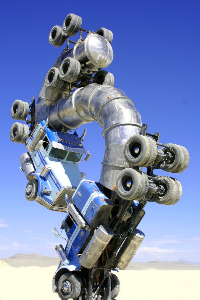 Art projects are encouraged to reflect the year's theme. These oil tankers welded together reflected environmental concern.