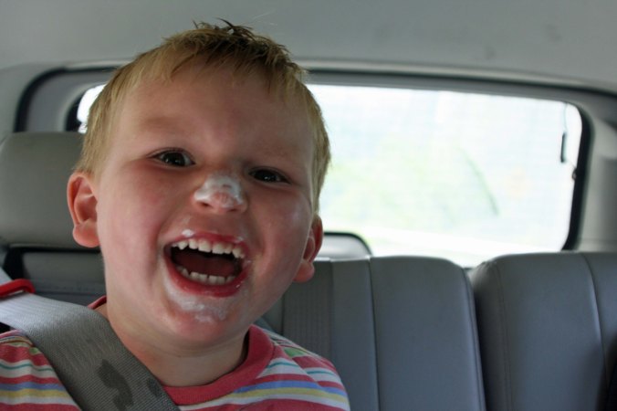 The hard work of hiking and fishing deserves its reward. In this case, it was a soft ice cream cone from McDs, half of which ended up on Chris's face.