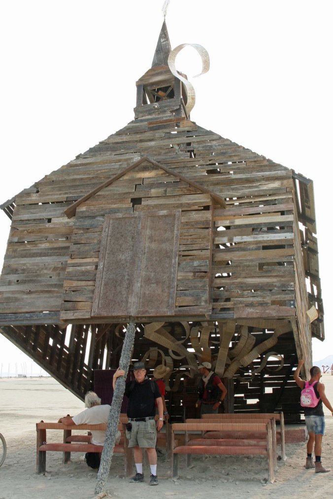 A front view of Church Trap with me holding up the trap pole. Does this make me a pillar of the church? (Photo by Peggy Mekemson)