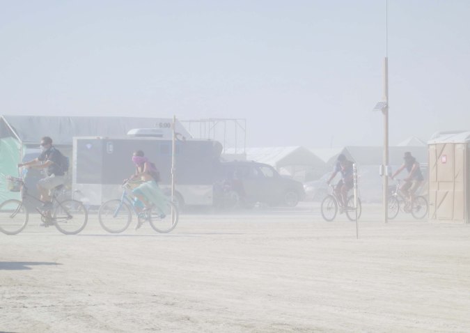 Dust storms are a common occurrence as the sun heats the air and winds start to blow in the afternoon. This photo is taken from our camp on G Street looking toward 6 street.