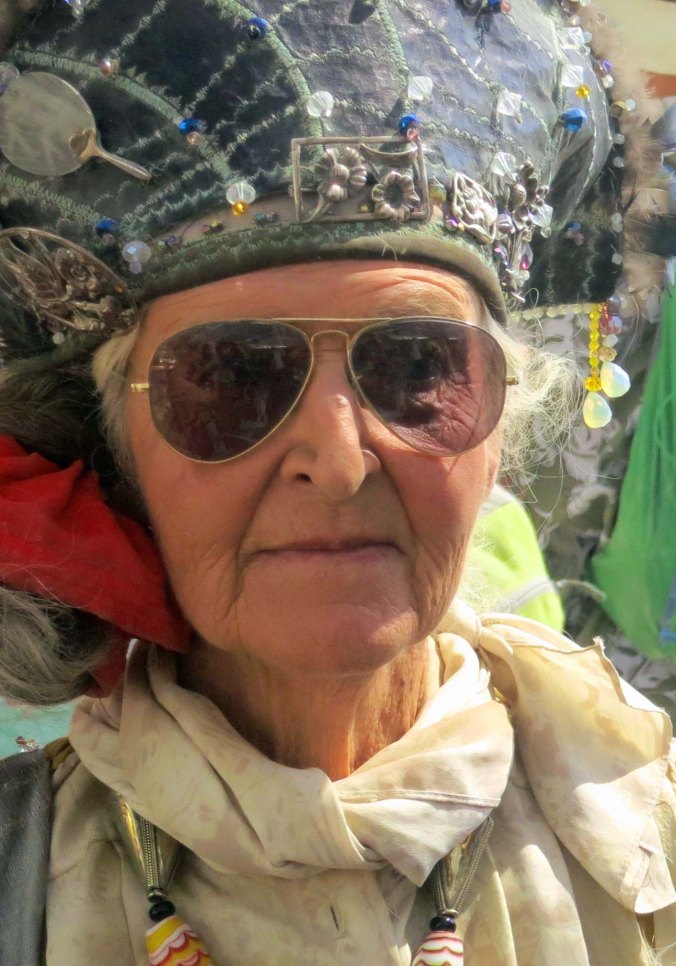 This elderly woman was beautifully dressed. Several hundred people over 70 attend Burning Man each year.