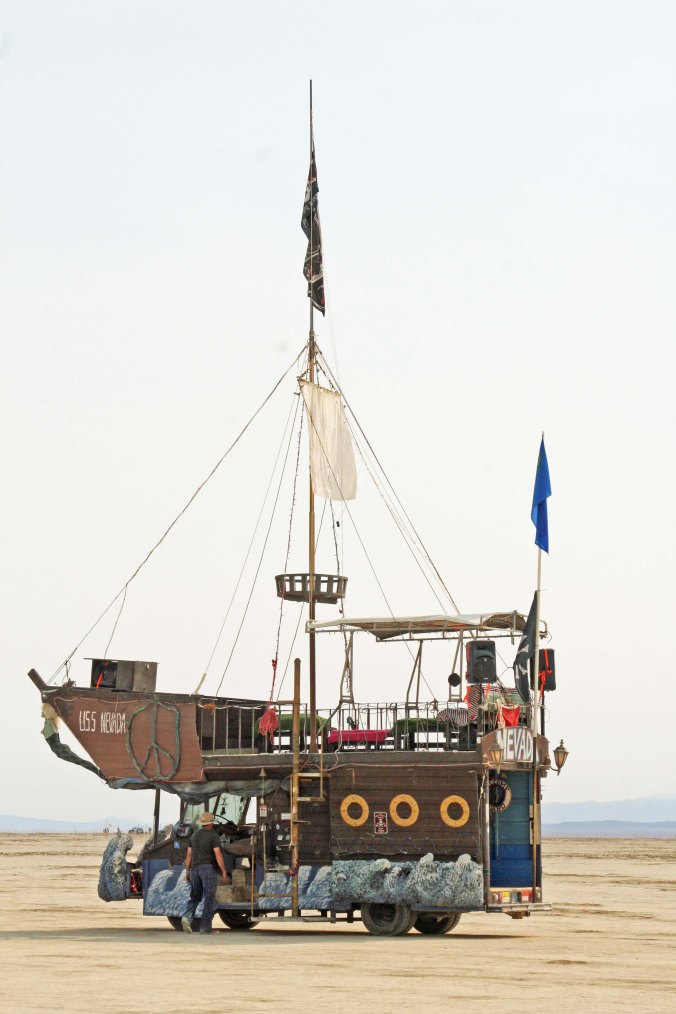 Boats are among the more common mutant vehicles at Burning Man. Here we have the USS Nevada. (Photo by Peggy Mekemson.)