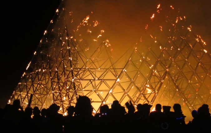 The Cradle of Mir burns at Burning Man 2013.