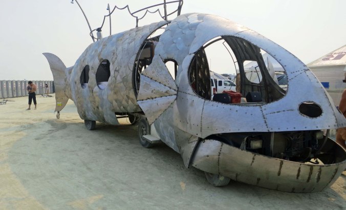 Large fish mutant vehicle at Burning Man 2013.