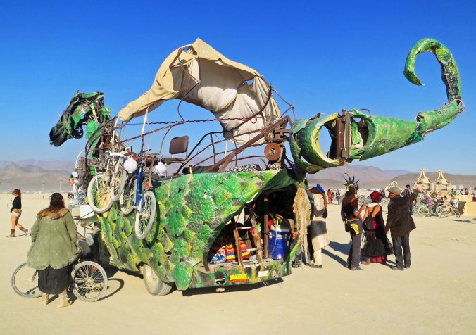 Green dragon mutant vehicle at Burning Man 2013.