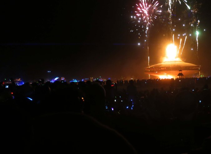 The Man engulfed in intense flames at Burning Man 2103.
