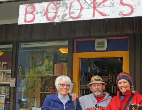 Leslie, Ken and Peggy stand in front of the Bolinas Bookstore named Books.