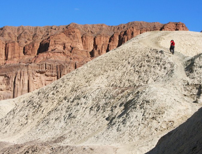 Here, Peggy caught a shot of me following the trail toward Zabriskie Point. The hiking was ever so much easier than my bicycling experience. (Photo by Peggy Mekemson.)
