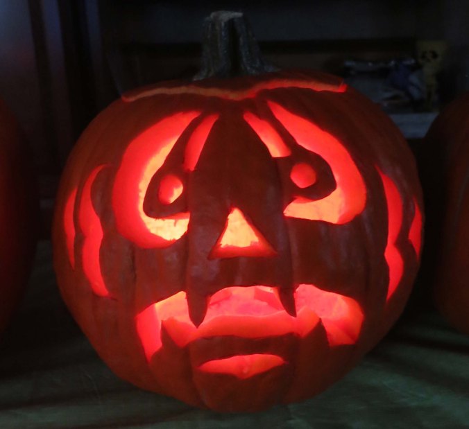 Peggy's pumpkin. (She won the contest. Our grandkids voted without knowing who had carved the pumpkins.)