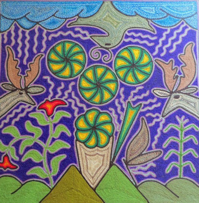 Huichol work of art representing the journey to gather Peyote. Photo by  Curtis Mekemson.