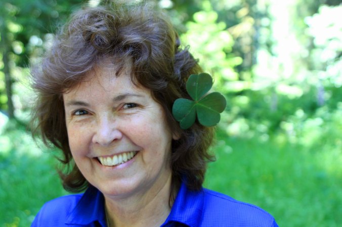 Peggy Mekemson wears a Redwood National Park clover in her hair. Photo by Curtis Mekemson.