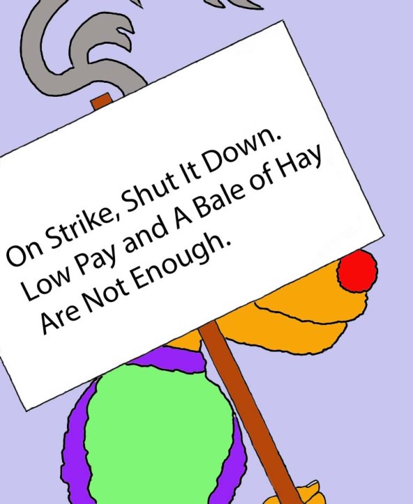 Rudolph the Red Nosed Reindeer on strike. Xmas card by Curtis Mekemson.