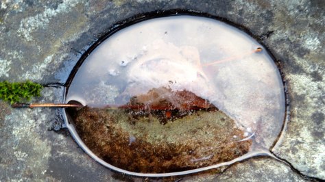 Pool of frozen water on rocks next to Applegate River in Southern Oregon. Photo by Curtis Mekemson.
