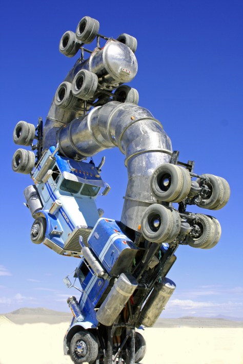 One of Black Rock City's most memorable sculptures was the Big Rig Jig where two oils tankers were stacked together.