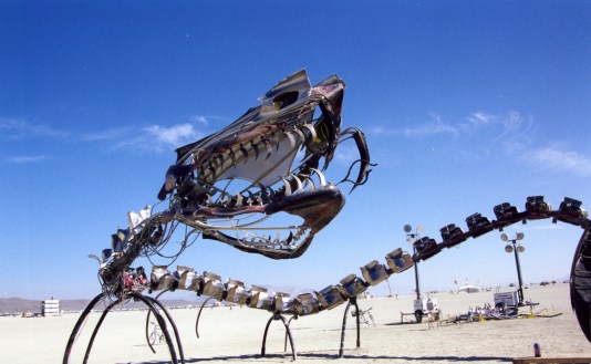 Like statuesque women, dragons are a popular Burning Man art form. This one was capable of breathing fire from its mouth and joints.