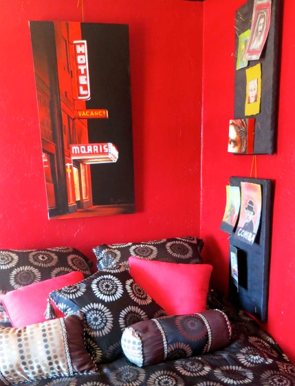 This brightly decorated room at the Morris included a painting of the hotel.