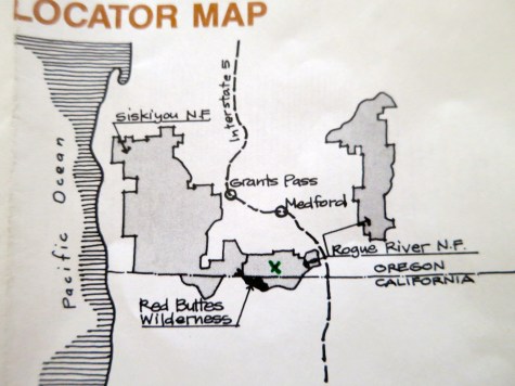 This forest service map shows the location of the Red Buttes Wilderness. The X marks the approximate location of our home.
