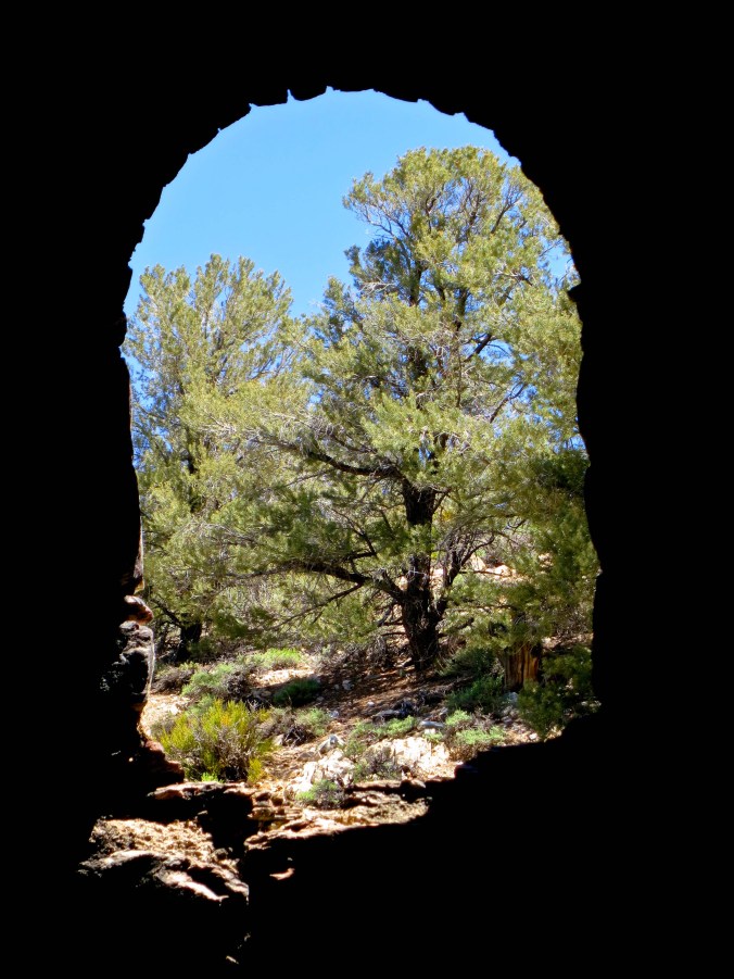 View looking out from inside a charcoal kiln in Death Valley.