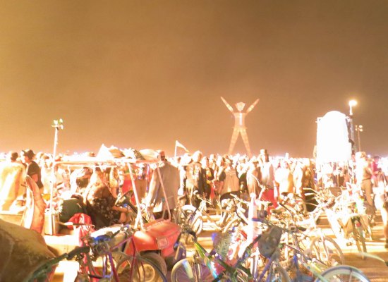 Mutant vehicle lights up the night at Burning Man 2014.