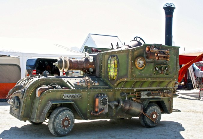 Steampunk vehicle at Burning Man 2014.