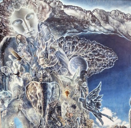 Oriental art featuring woman and elephant on display at the Center Camp Cafe, Burning Man 2014.