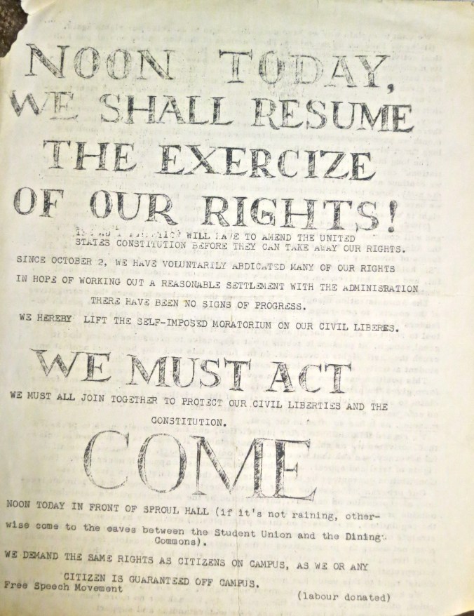 Mimeographed sheet on Free Speech Movement from the files of Curtis Mekemson.