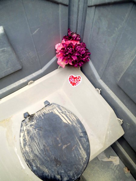 Flowers in a port-a-pot at Burning Man 2014. Photo by Curtis Mekemson.