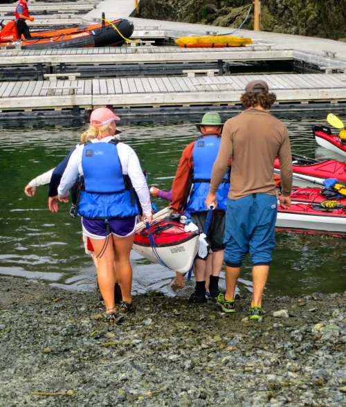 Kayaks are placed in the water at Telegraph Cove. Photo by Curtis Mekemson.