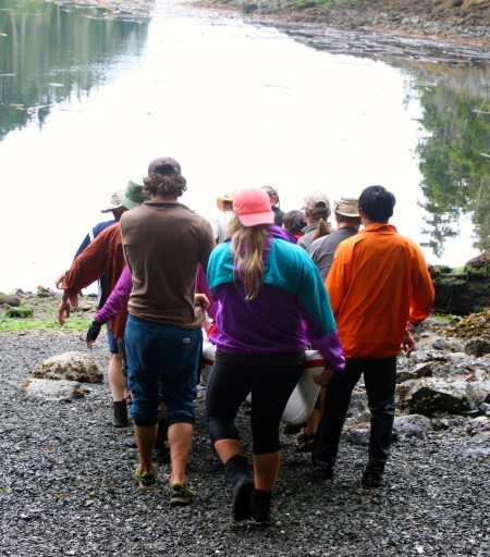 Extreme high and low tides in Johnstone Strait meant we often had to carry the kayaks a fair distance to water.