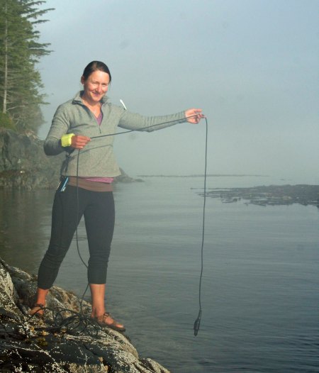 Julia drops a hydrophone into the water to see if we can pick up any orca calls. Is that a huge orca photo bombing the picture under her arm??? No, unfortunately, it was a view of a peninsula modified by Julia's shirt. I was excited for a second, though.