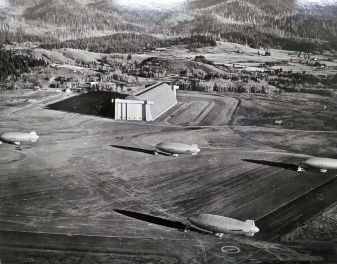 A final view of blimps arrayed outside of the Tillamook hangar during World War II.