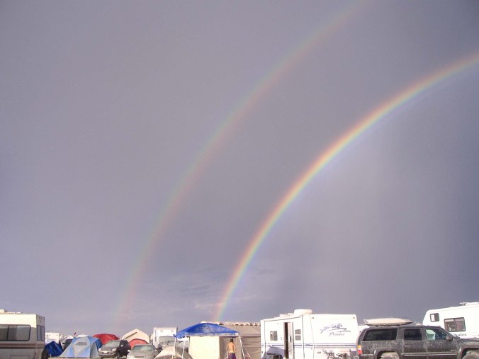 Rainbow decorates camp at Burning Man.