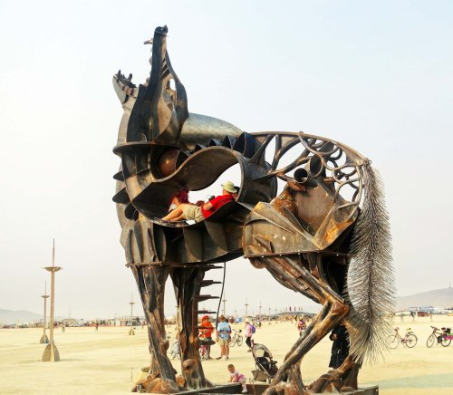 People were invited to rest in the belly of this coyote.